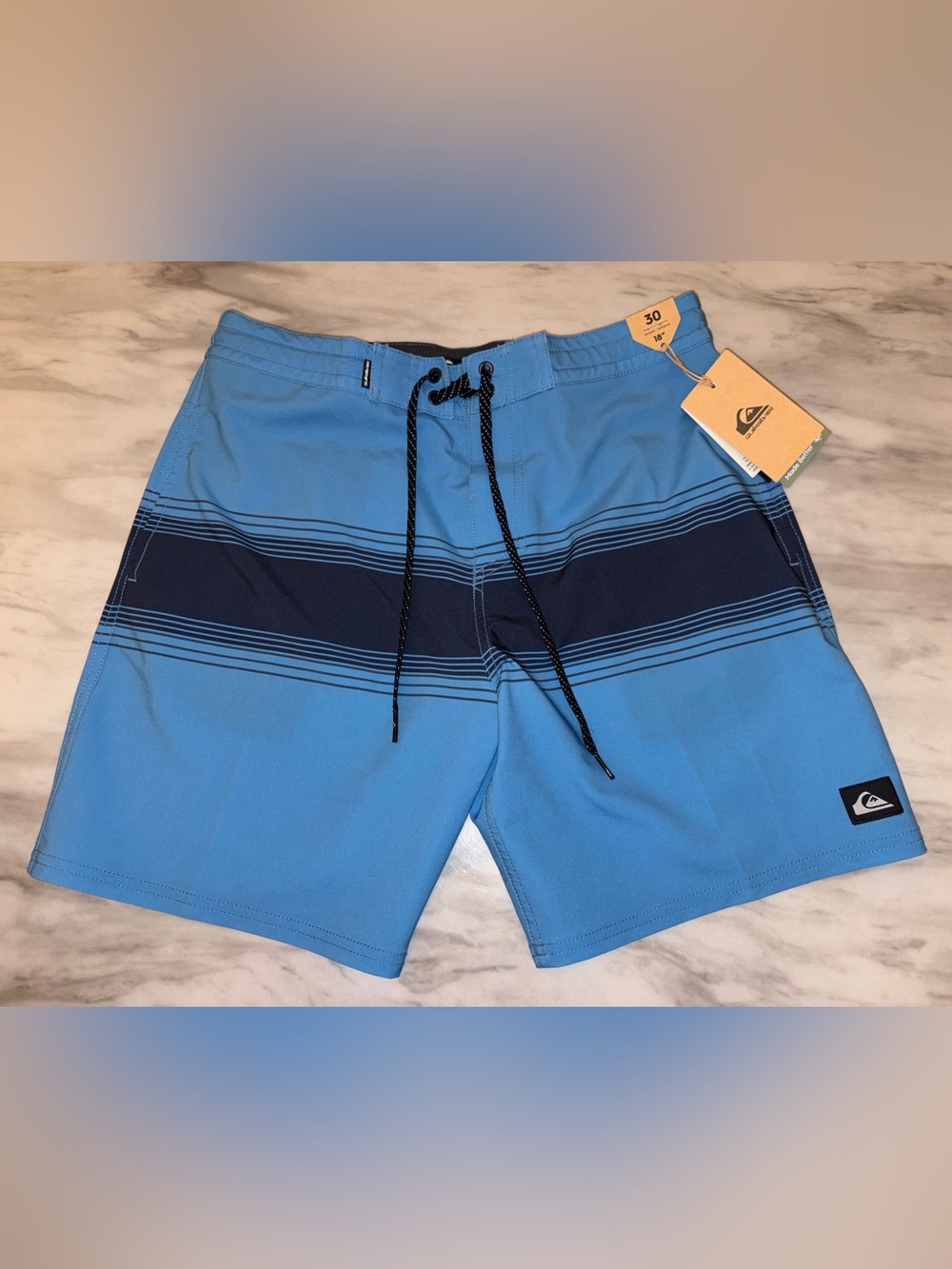 NWT Quiksilver Blue Striped Boardshorts Swim Trunks Size 30 18" Short Length